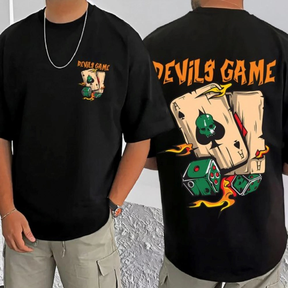 Men's Casual Cotton Blend Printed Round Neck Half Sleeve T-Shirt (Black)