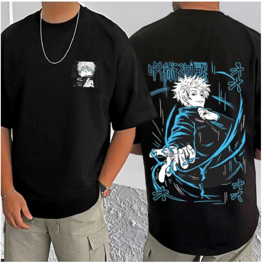 Men's Casual Cotton Blend Printed Round Neck Half Sleeve T-Shirt (Black)