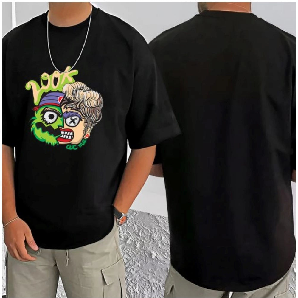 Men's Casual Cotton Blend Printed Round Neck Half Sleeve T-Shirt (Black)