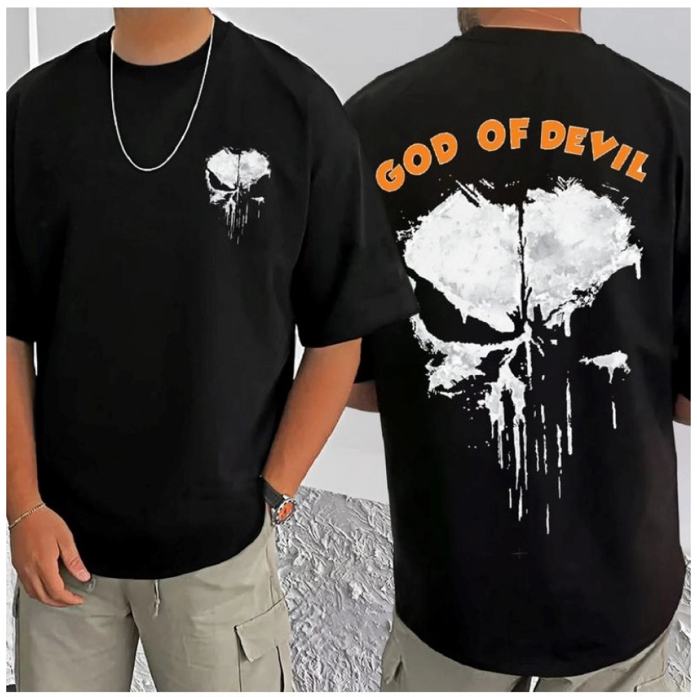 Men's Casual Cotton Blend Printed Round Neck Half Sleeve T-Shirt (Black)