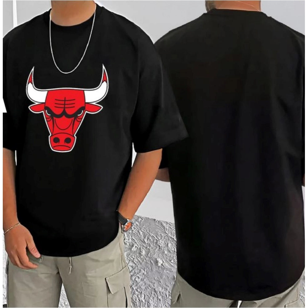 Men's Casual Cotton Blend Printed Round Neck Half Sleeve T-Shirt (Black)