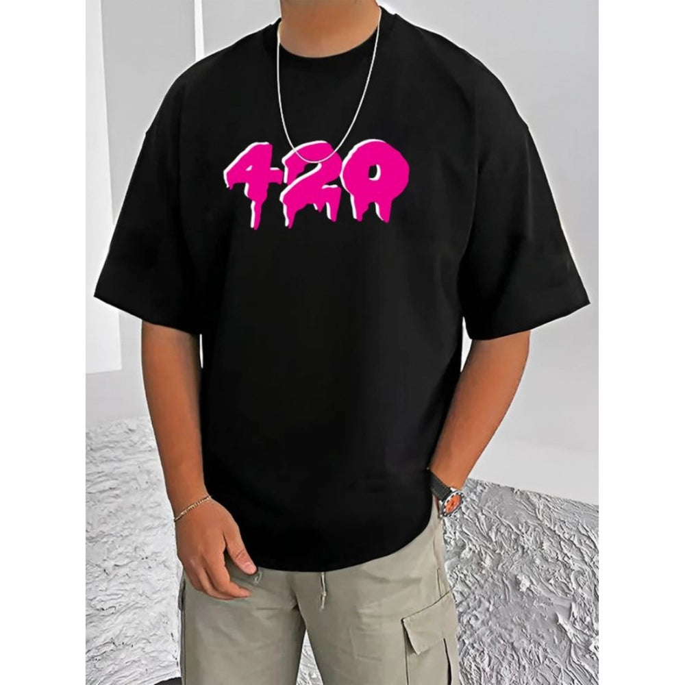 Men's Casual Cotton Blend Printed Round Neck Half Sleeve T-Shirt (Black)