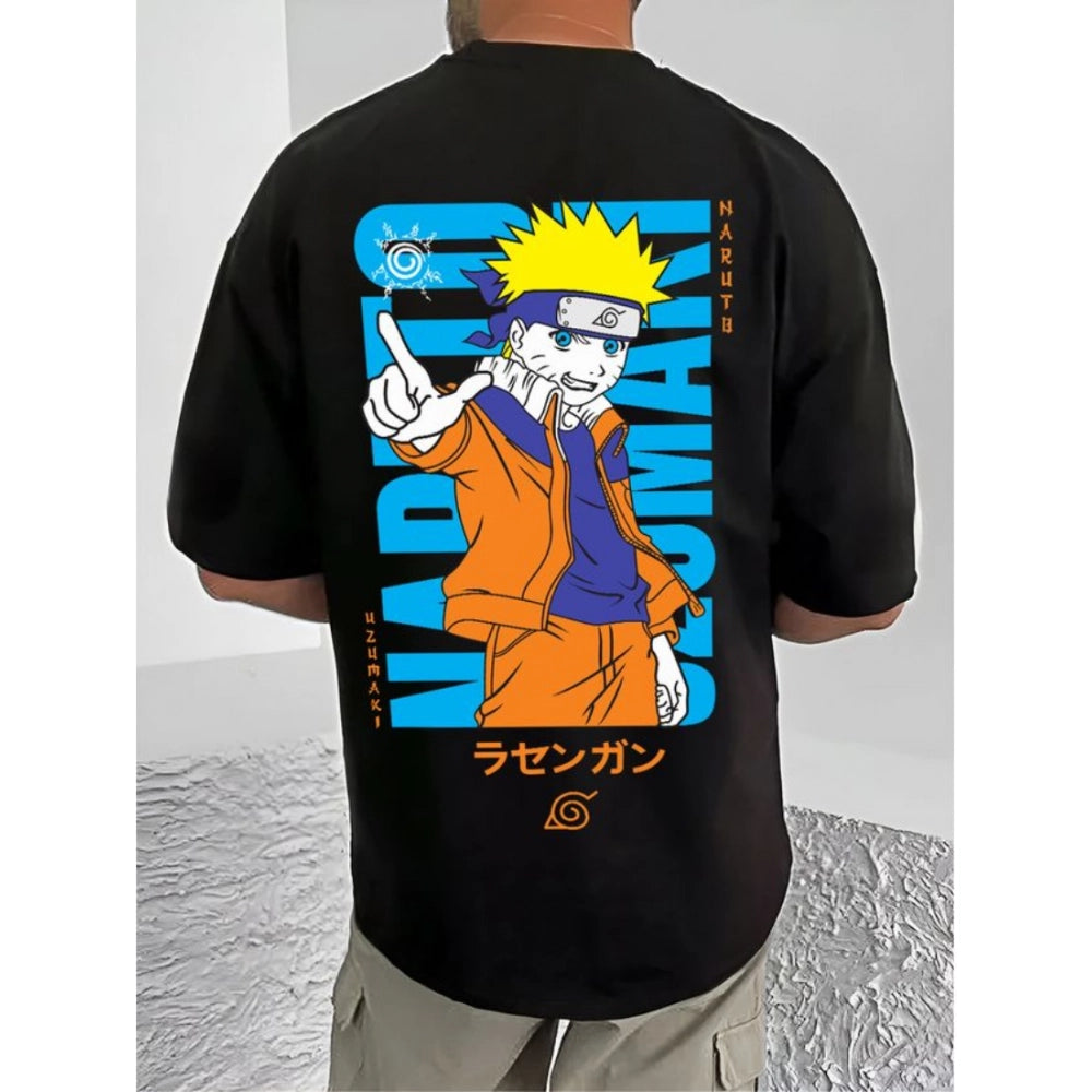 Men's Casual Cotton Blend Printed Round Neck Half Sleeve T-Shirt (Black)