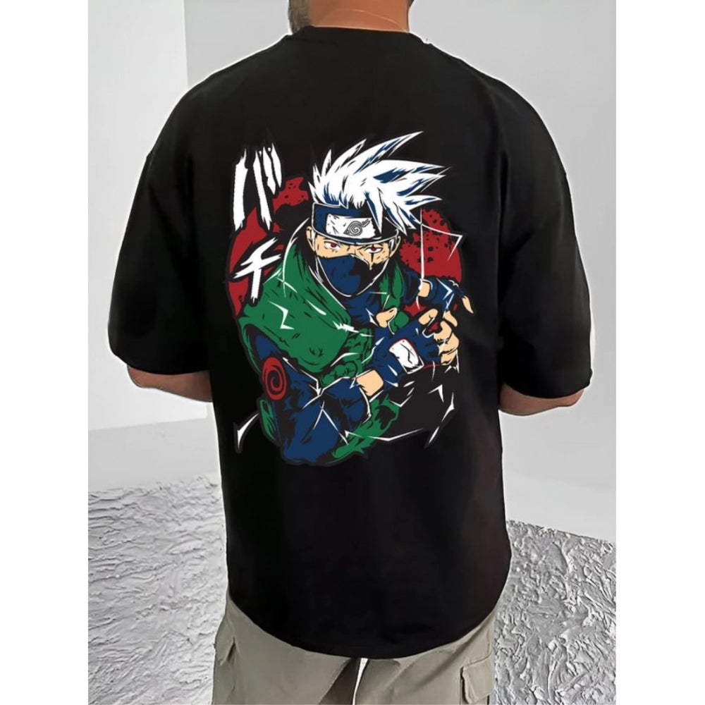 Men's Casual Cotton Blend Printed Round Neck Half Sleeve T-Shirt (Black)