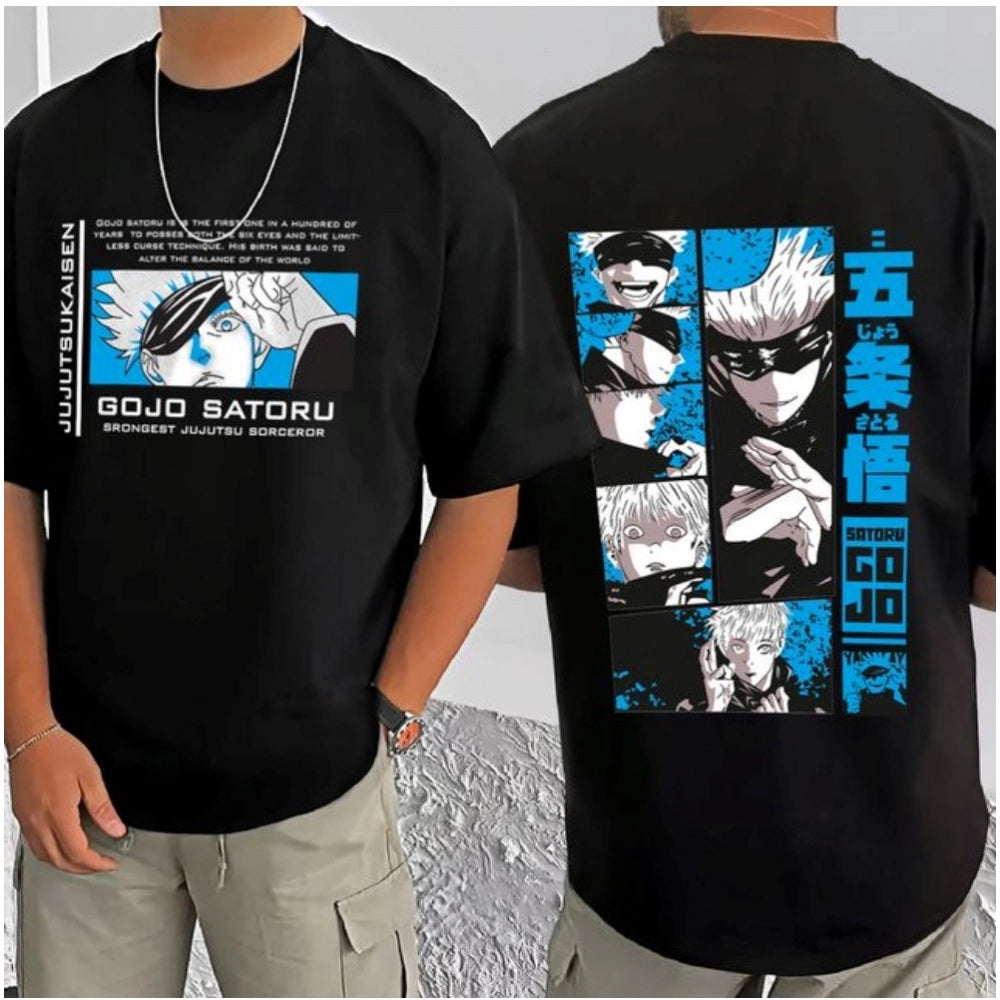 Men's Casual Cotton Blend Printed Round Neck Half Sleeve T-Shirt (Black)