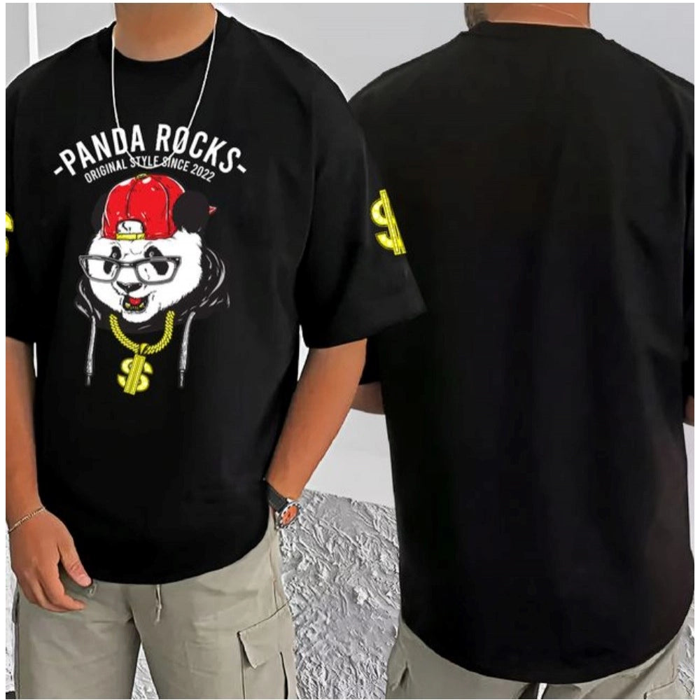 Men's Casual Cotton Blend Printed Round Neck Half Sleeve T-Shirt (Black)