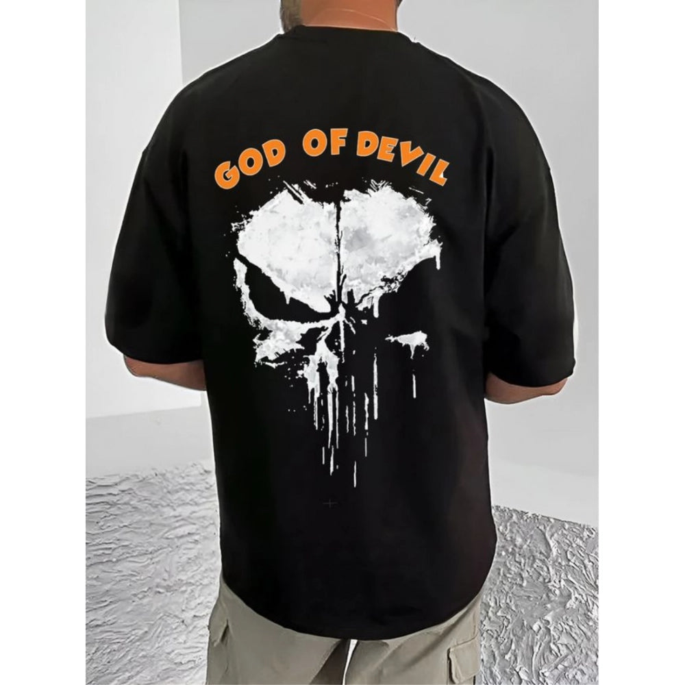 Men's Casual Cotton Blend Printed Round Neck Half Sleeve T-Shirt (Black)