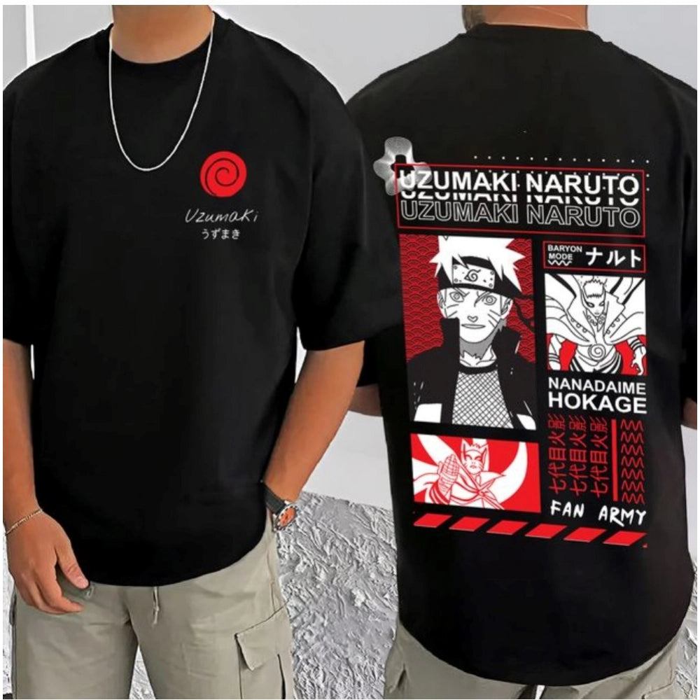 Men's Casual Cotton Blend Printed Round Neck Half Sleeve T-Shirt (Black)