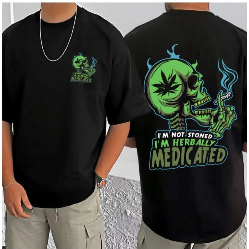 Men's Casual Cotton Blend Printed Round Neck Half Sleeve T-Shirt (Black)