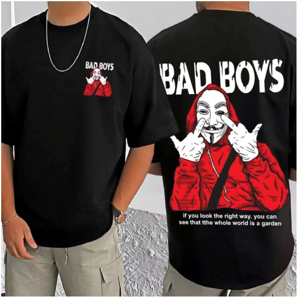 Men's Casual Cotton Blend Printed Round Neck Half Sleeve T-Shirt (Black)