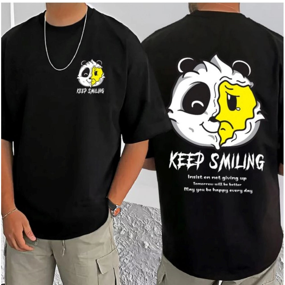 Men's Casual Cotton Blend Printed Round Neck Half Sleeve T-Shirt (Black)