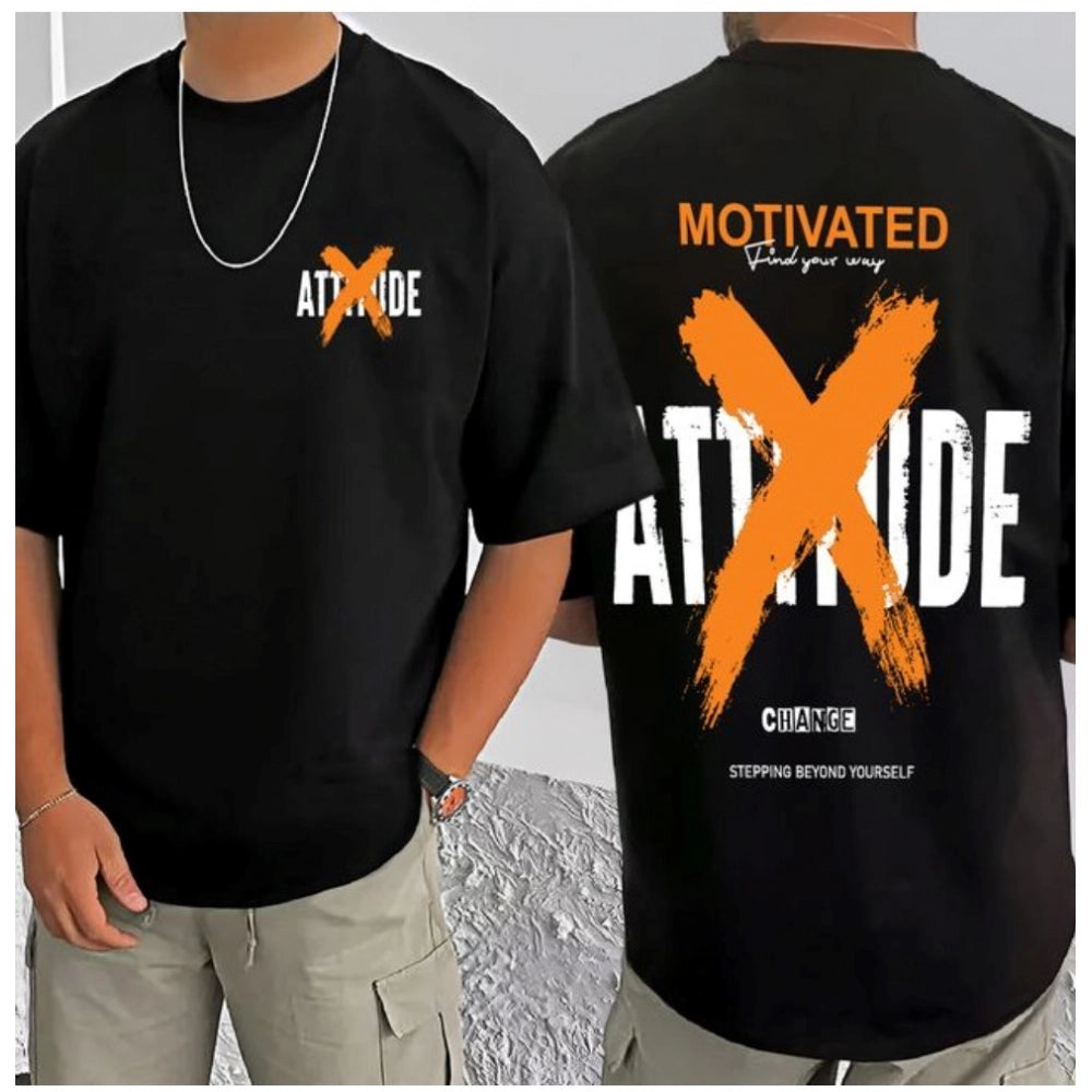 Men's Casual Cotton Blend Printed Round Neck Half Sleeve T-Shirt (Black)