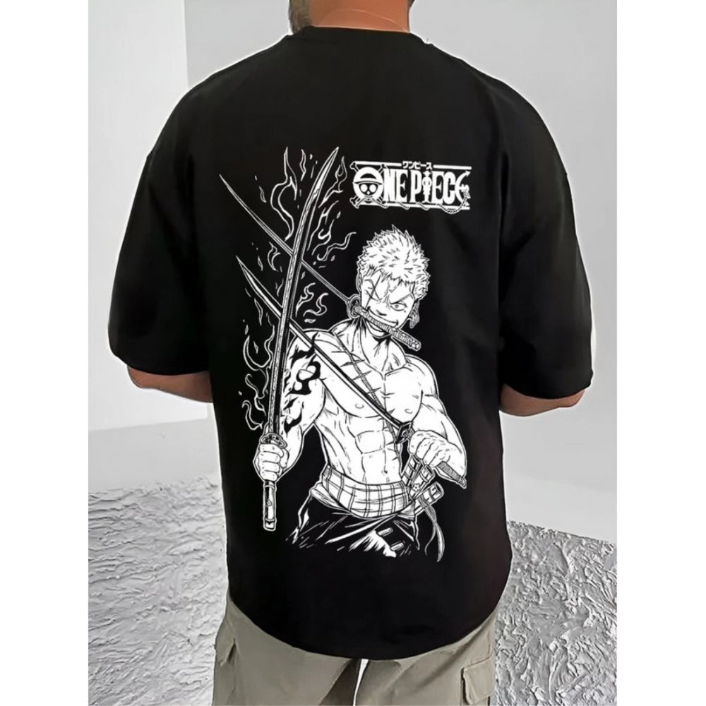 Men's Casual Cotton Blend Printed Round Neck Half Sleeve T-Shirt (Black)