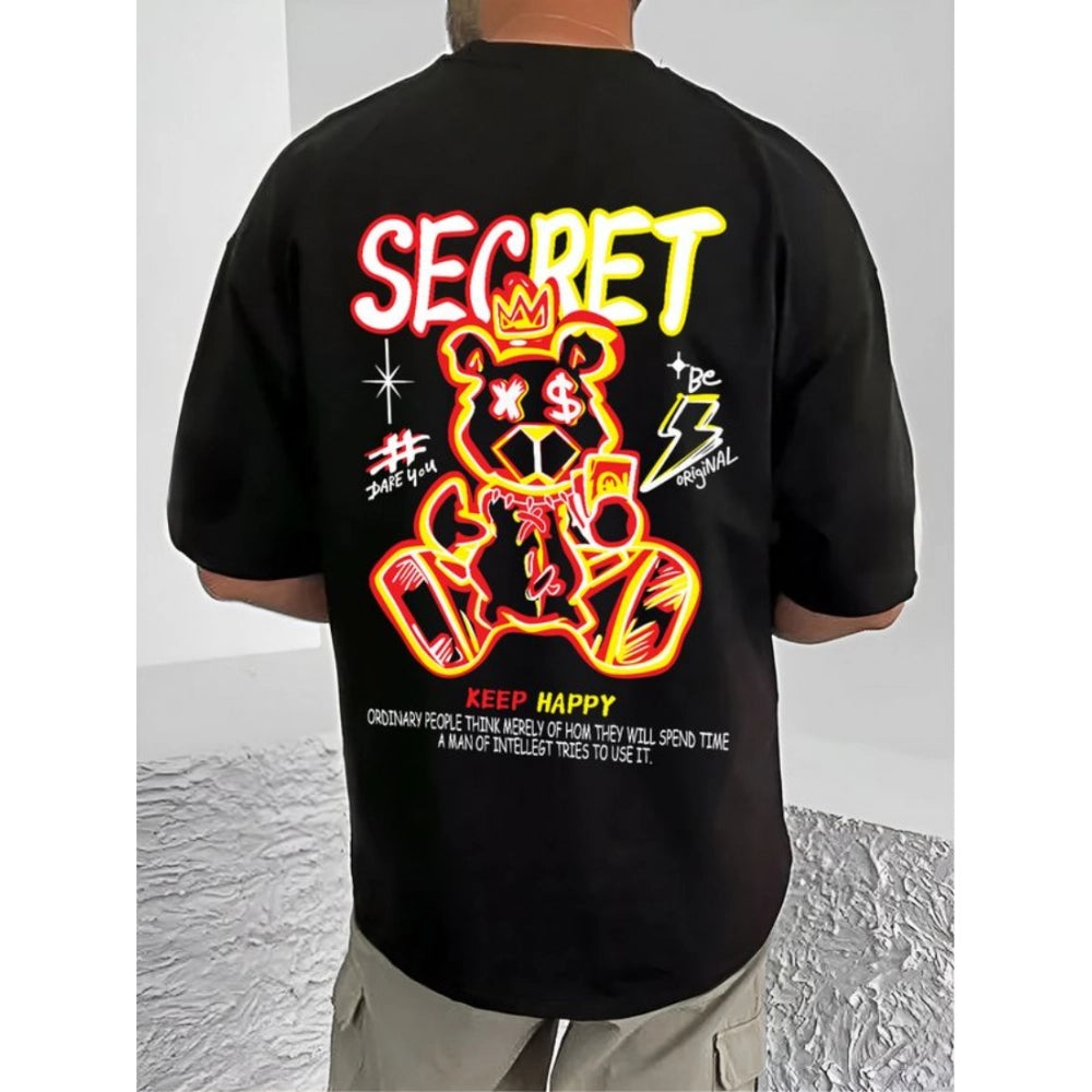 Men's Casual Cotton Blend Printed Round Neck Half Sleeve T-Shirt (Black)