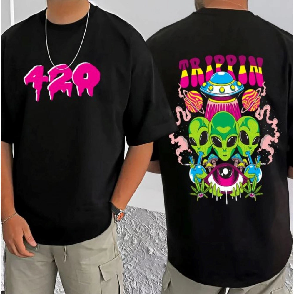 Men's Casual Cotton Blend Printed Round Neck Half Sleeve T-Shirt (Black)