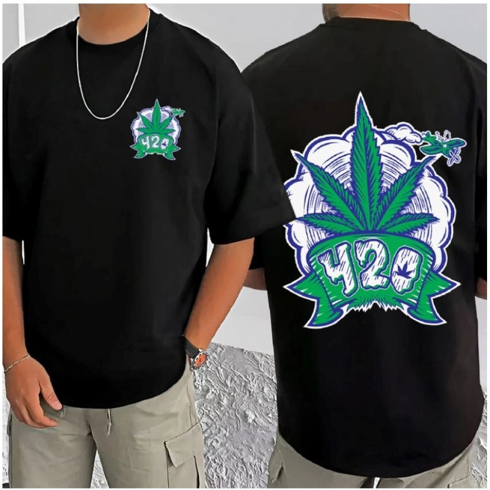 Men's Casual Cotton Blend Printed Round Neck Half Sleeve T-Shirt (Black)