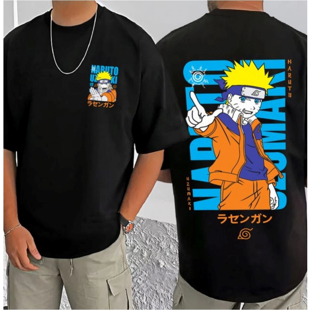 Men's Casual Cotton Blend Printed Round Neck Half Sleeve T-Shirt (Black)