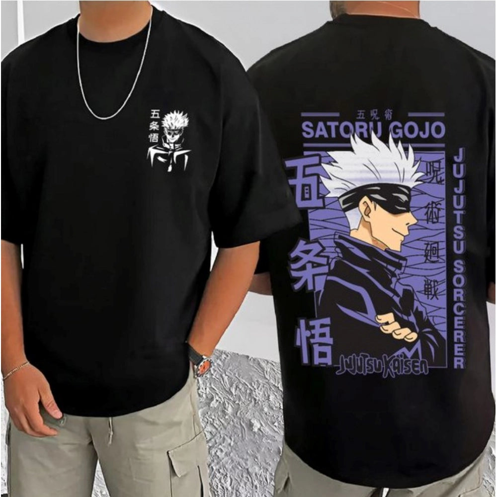 Men's Casual Cotton Blend Printed Round Neck Half Sleeve T-Shirt (Black)