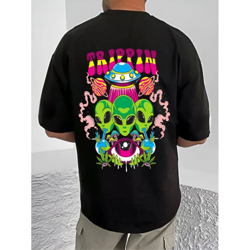 Men's Casual Cotton Blend Printed Round Neck Half Sleeve T-Shirt (Black)