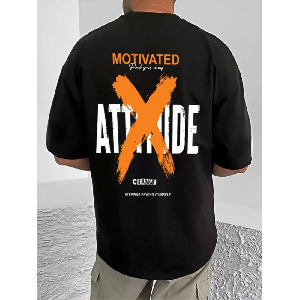 Men's Casual Cotton Blend Printed Round Neck Half Sleeve T-Shirt (Black)