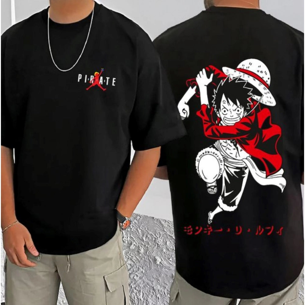 Men's Casual Cotton Blend Printed Round Neck Half Sleeve T-Shirt (Black)