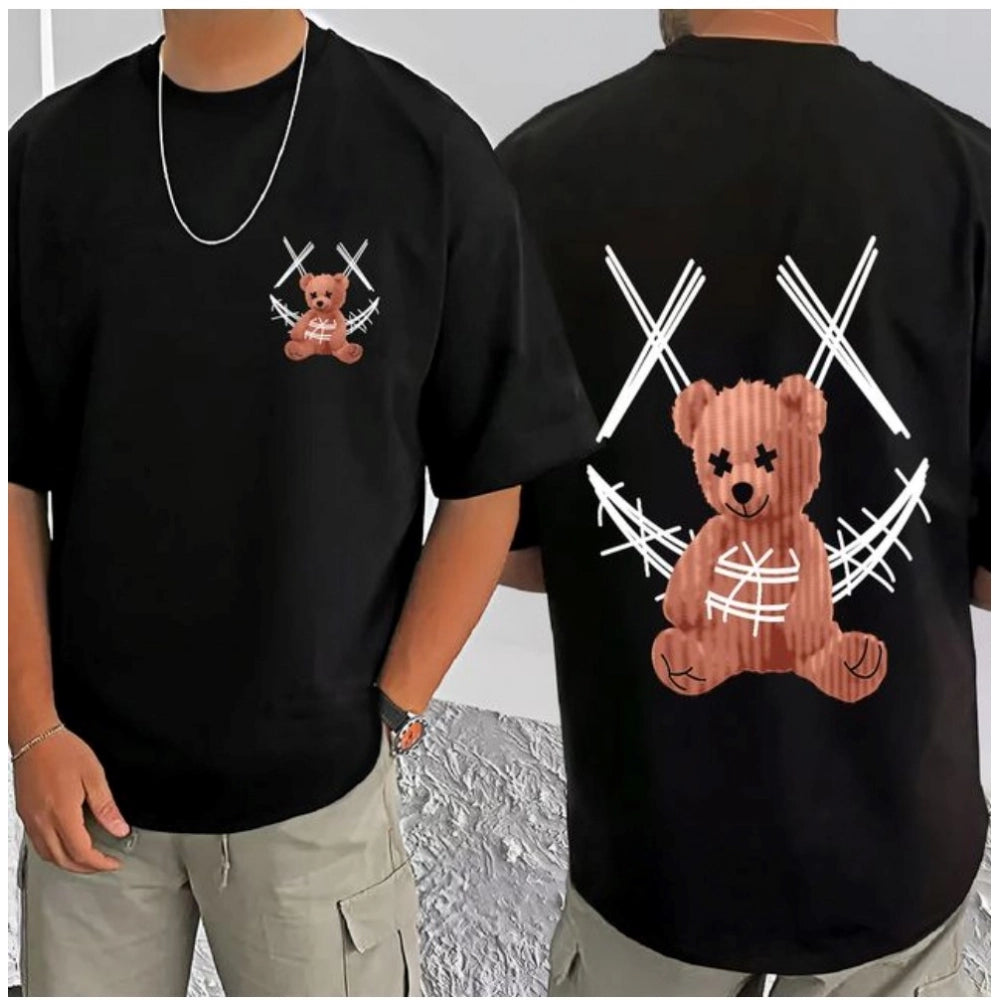 Men's Casual Cotton Blend Printed Round Neck Half Sleeve T-Shirt (Black)