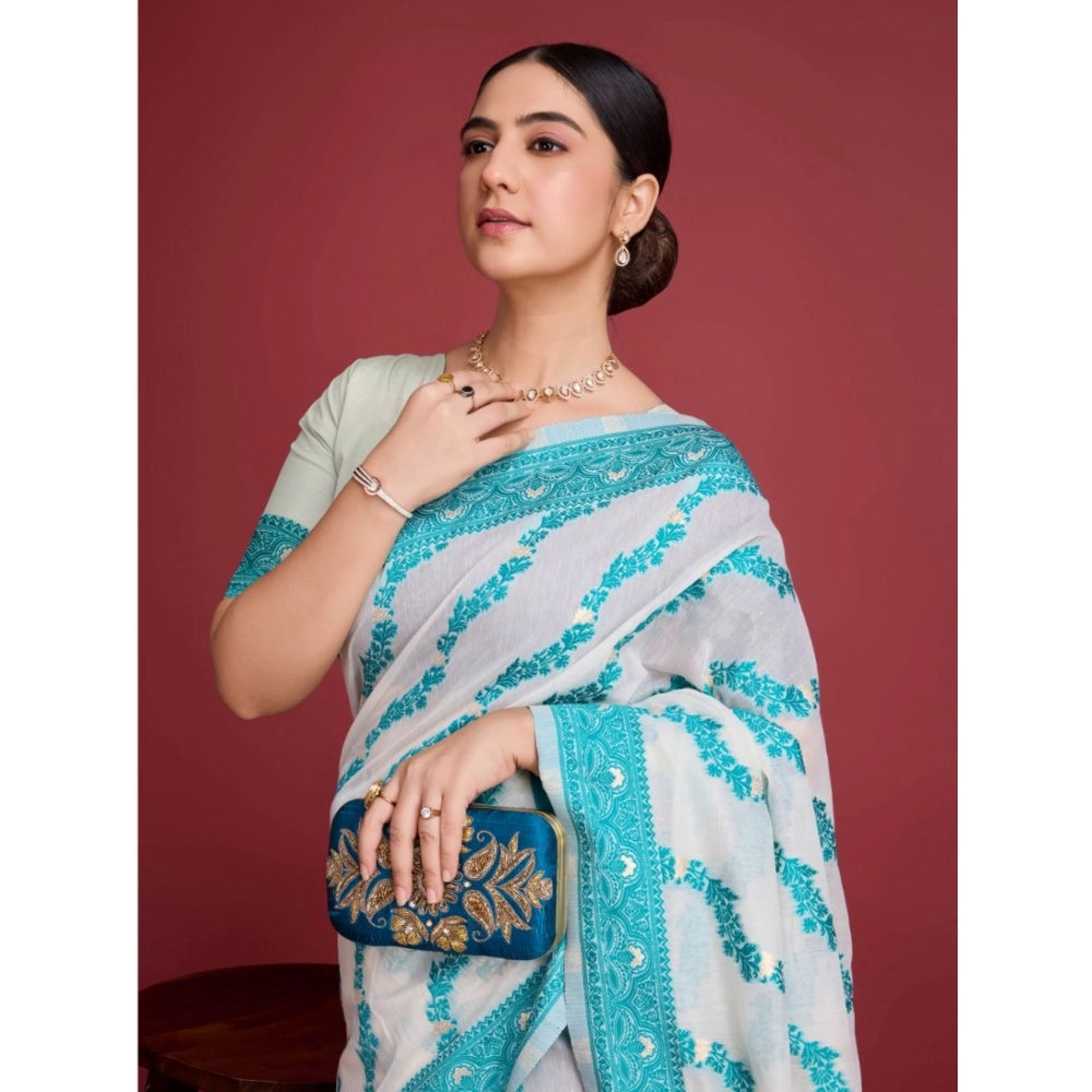 Women's Jamdani Cotton Silk Printed Saree With Unstitched Blouse 5.5Mtr (Rama)