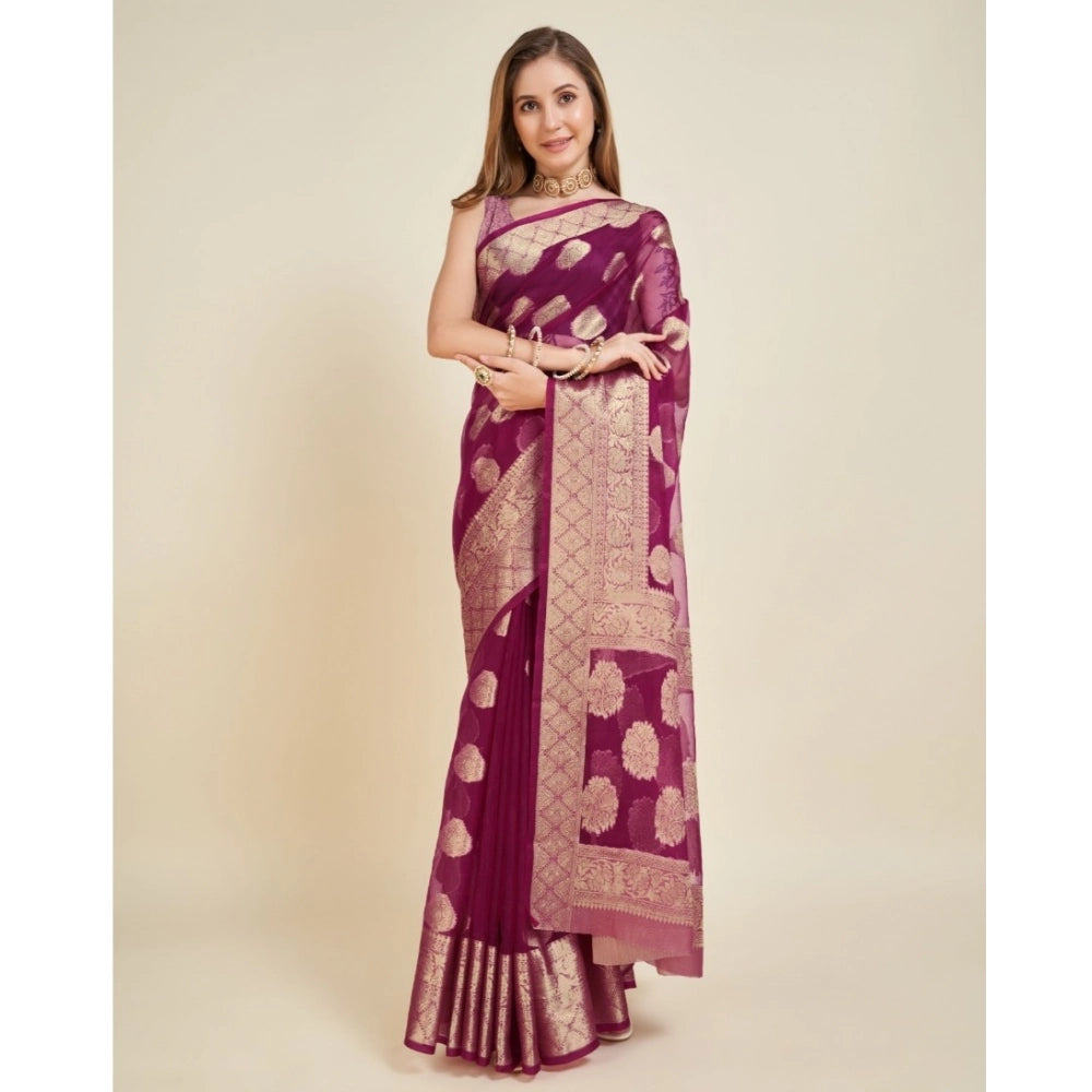 Women's Soft Organza Silk Weaving Design Saree With Unstitched Blouse 5.5Mtr (Wine)