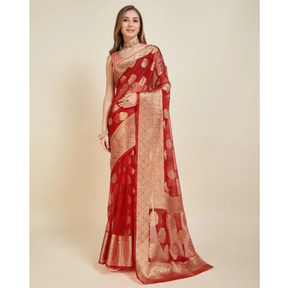 Women's Soft Organza Silk Weaving Design Saree With Unstitched Blouse 5.5Mtr (Red)