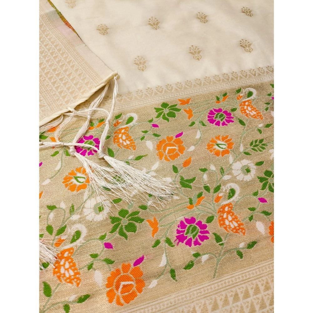 Women's Banarasi Silk Printed Unstitched Salwar Suit Material With Dupatta (White, 3Mtrs)