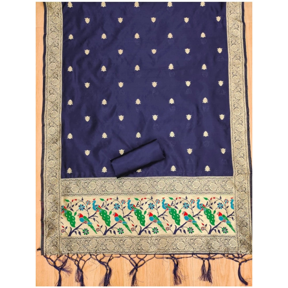 Women's Banarasi Silk Printed Unstitched Salwar Suit Material With Dupatta (Navy Blue, 3Mtrs)