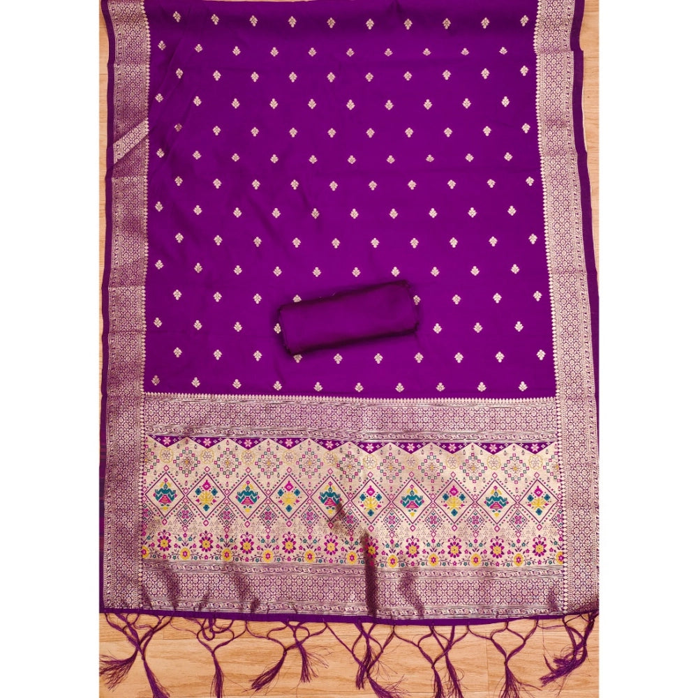 Women's Banarasi Silk Printed Unstitched Salwar Suit Material With Dupatta (Purple, 3Mtrs)