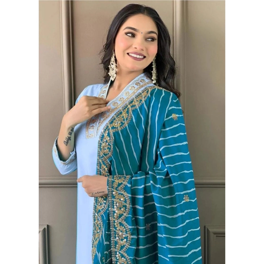 Women's Roman Silk Embroidery 3-4th Sleeve V-Neck Kurti With Pant Dupatta Set (Rama)