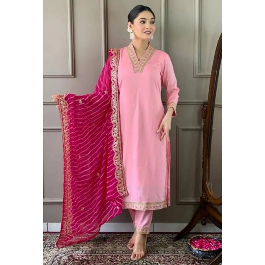 Women's Roman Silk Embroidery 3-4th Sleeve V-Neck Kurti With Pant Dupatta Set (Pink)
