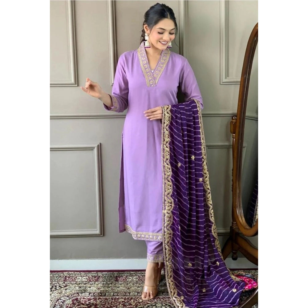 Women's Roman Silk Embroidery 3-4th Sleeve V-Neck Kurti With Pant Dupatta Set (Lavender)