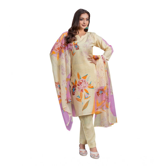 Women's Cotton Blend Printed Kurti With Pant Dupatta Set (Cream)