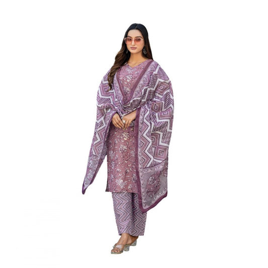 Women's Cotton Blend Printed Kurti With Pant Dupatta Set (Lavender)