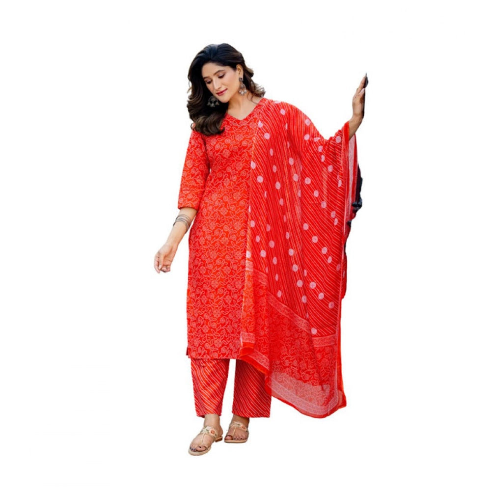Women's Cotton Blend Printed Kurti With Pant Dupatta Set (Orange)