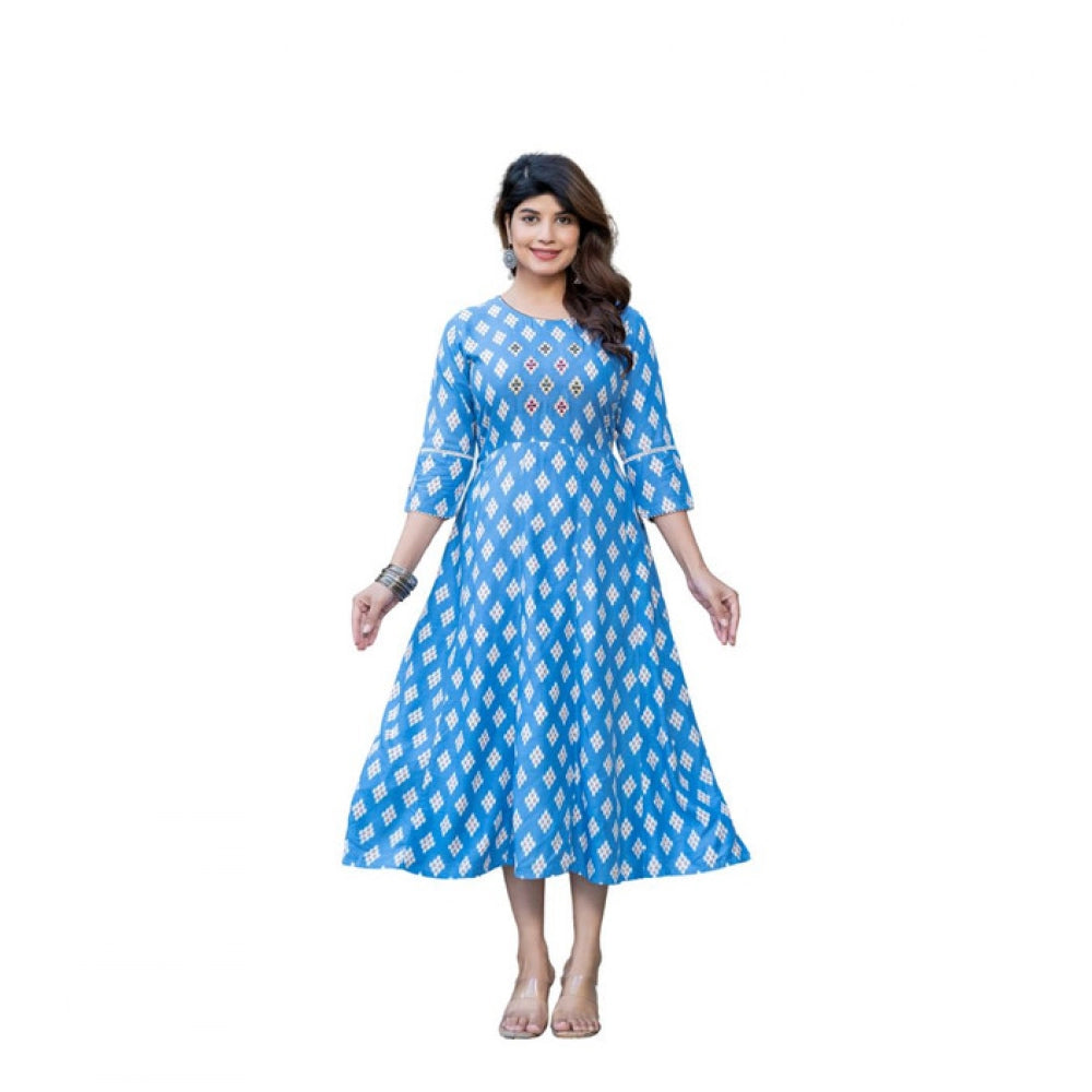 Women's Rayon Print With Embroidery Work A-Line Kurti (Sky Blue)