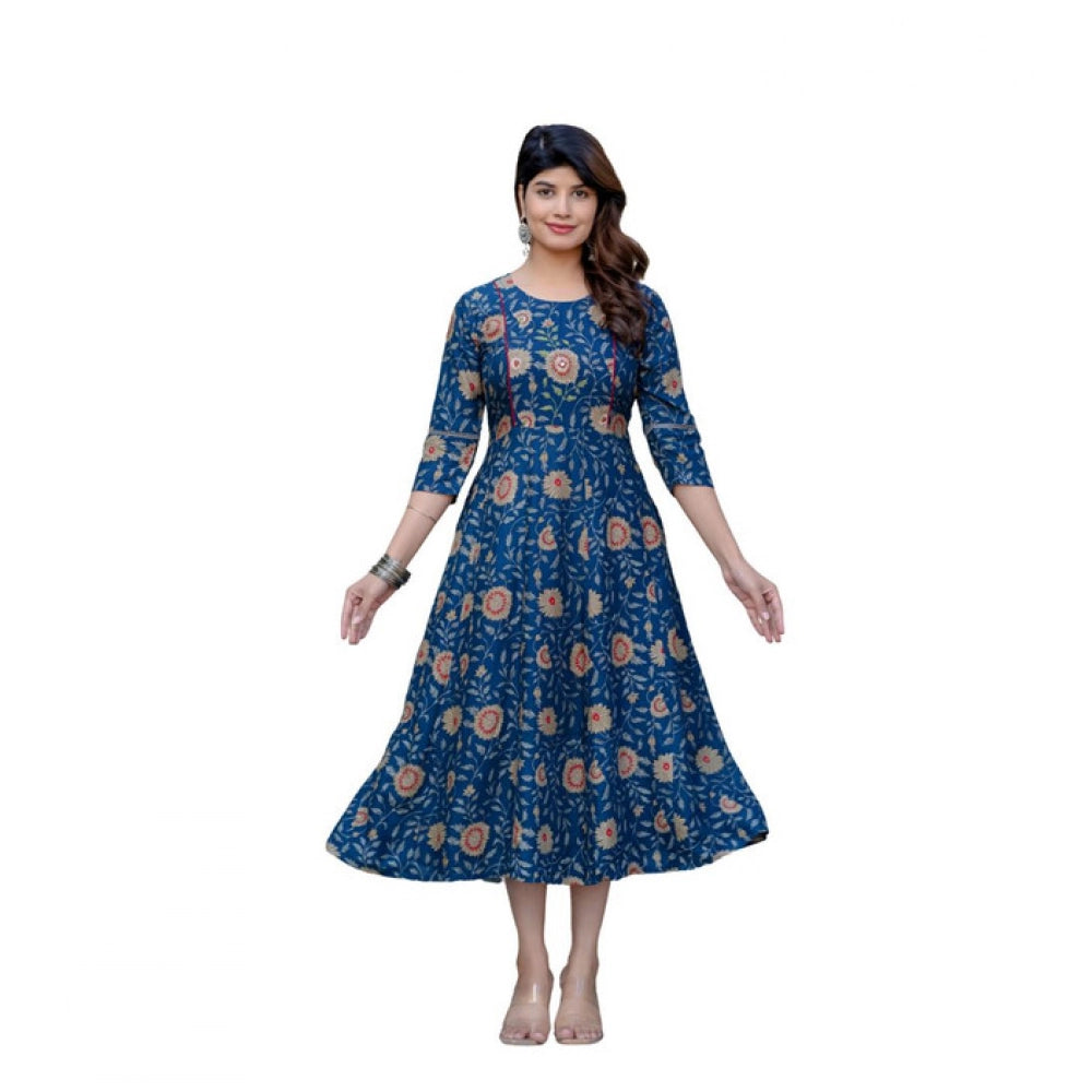 Women's Rayon Print With Embroidery Work A-Line Kurti (Navy Blue)