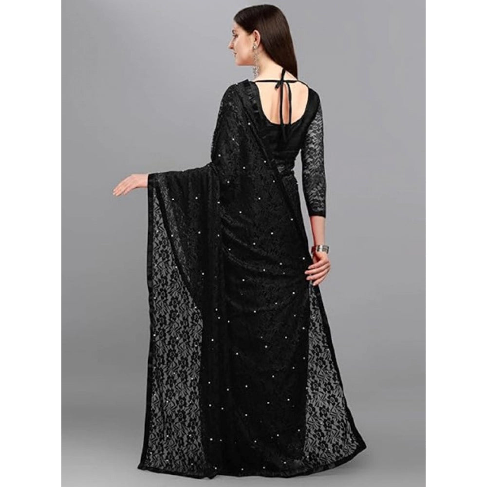 Women's Net Self Design Saree With Unstitched Blouse 5.5Mtr (Black)