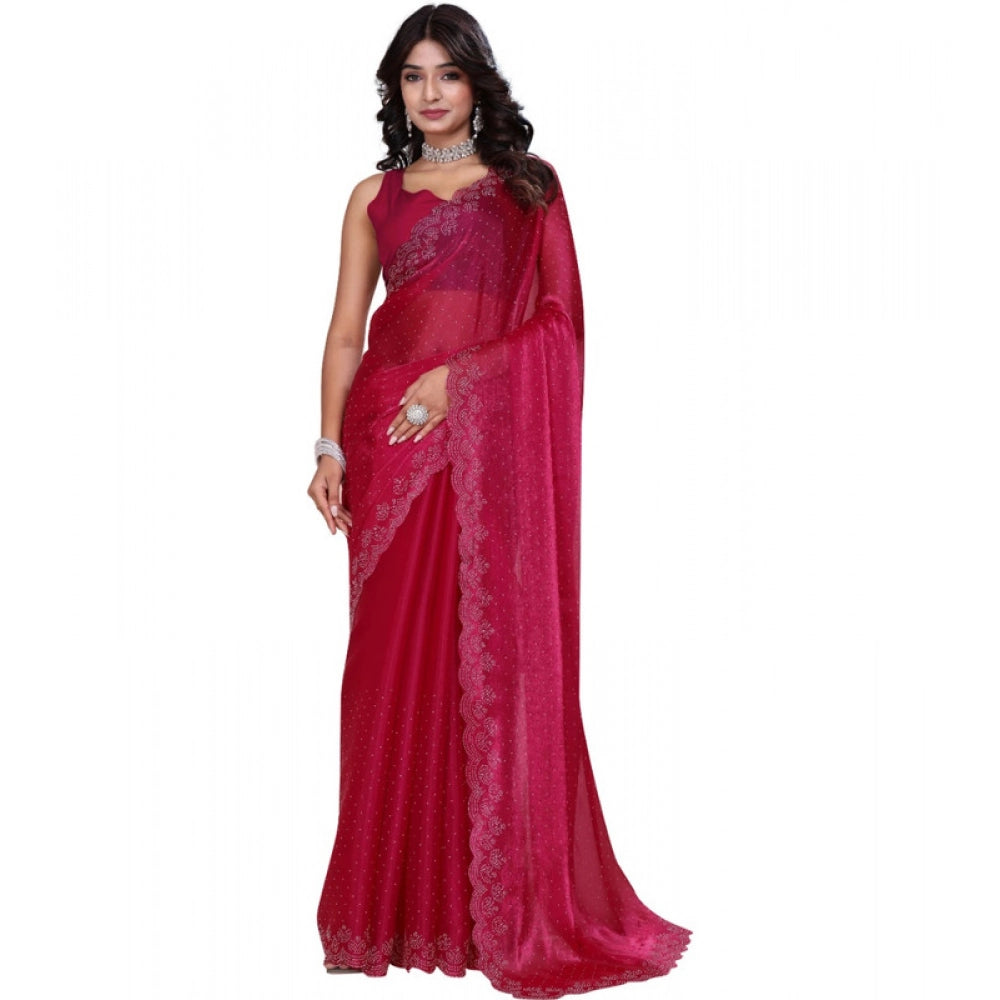Women's Jimmy choo Embellished Bollywood Saree With Unstitched Blouse 5.5Mtr (Red)