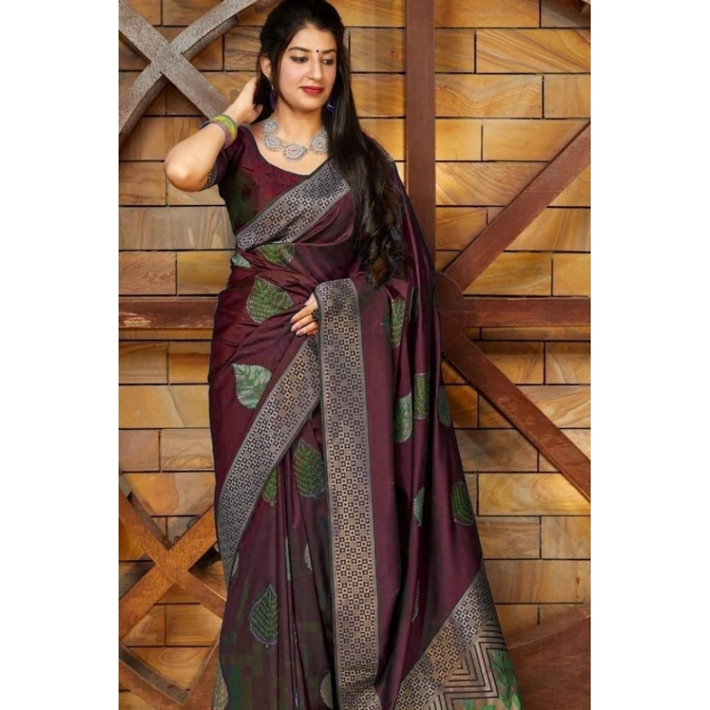 Women's Litchi silk Printed Saree With Unstitched Blouse (Maroon)