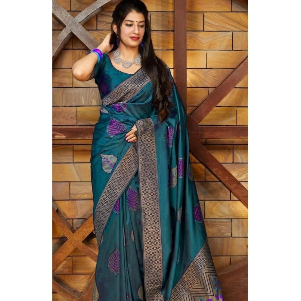 Women's Litchi silk Printed Saree With Unstitched Blouse (Rama Blue)