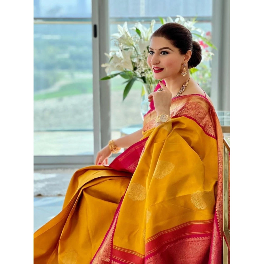 Women's Litchi silk Printed Saree With Unstitched Blouse (Yellow)