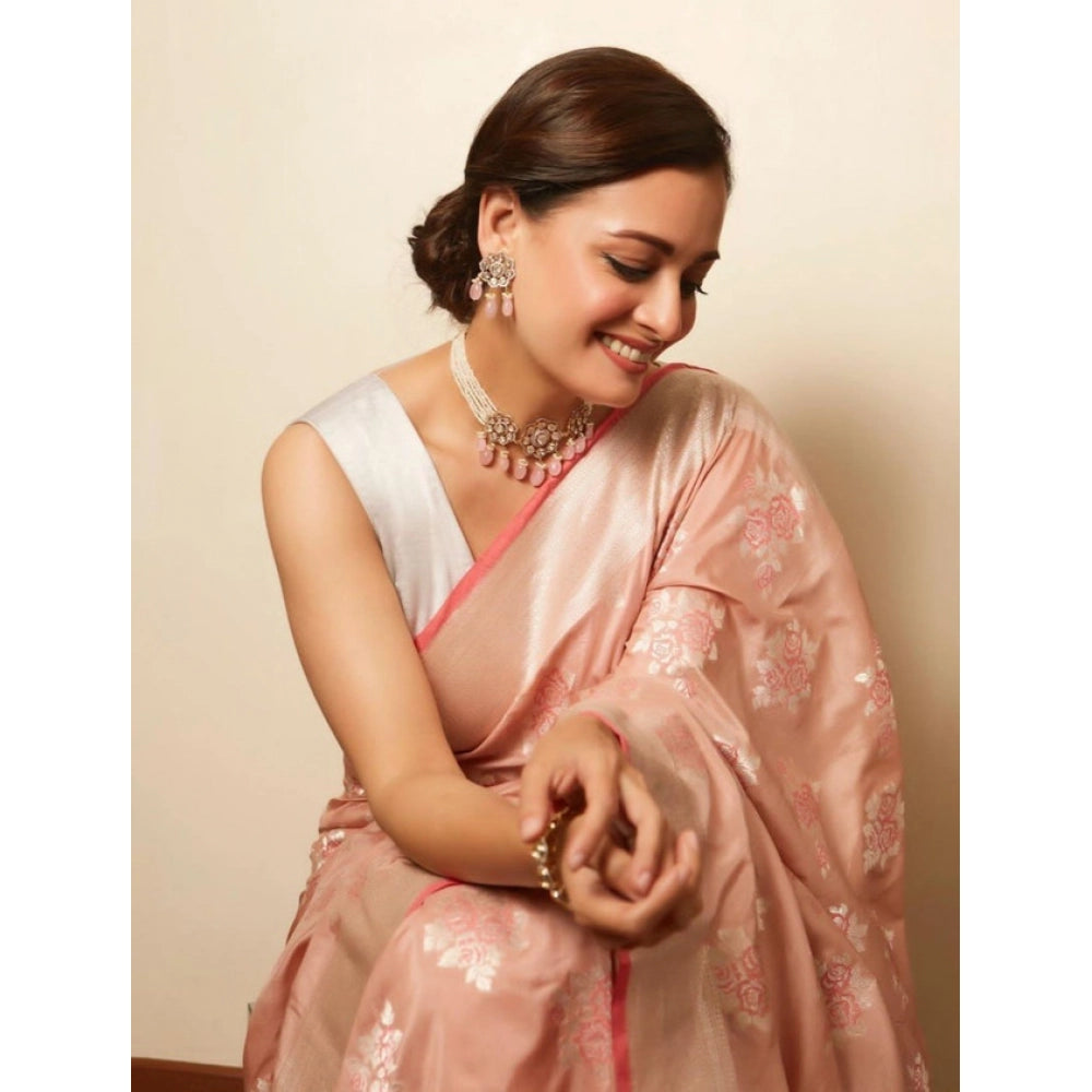 Women's Litchi silk Printed Saree With Unstitched Blouse (Peach)