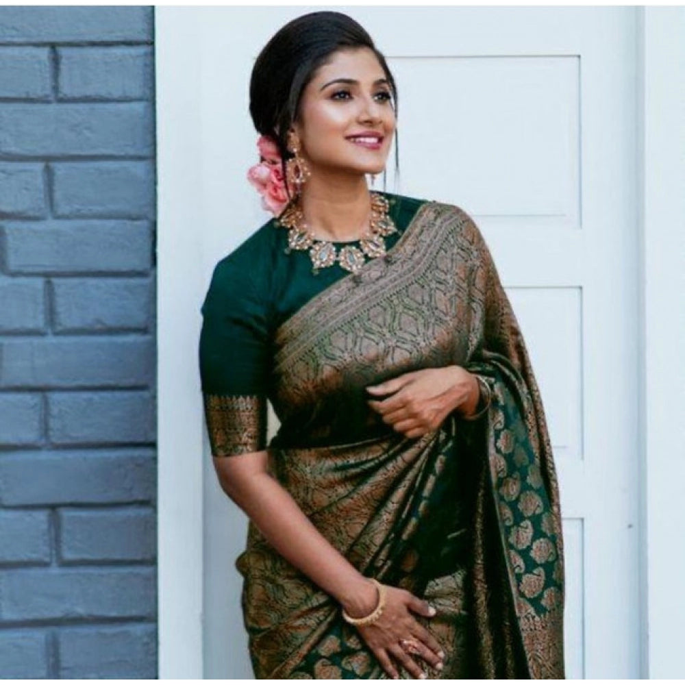 Women's Litchi silk Printed Saree With Unstitched Blouse (Green)