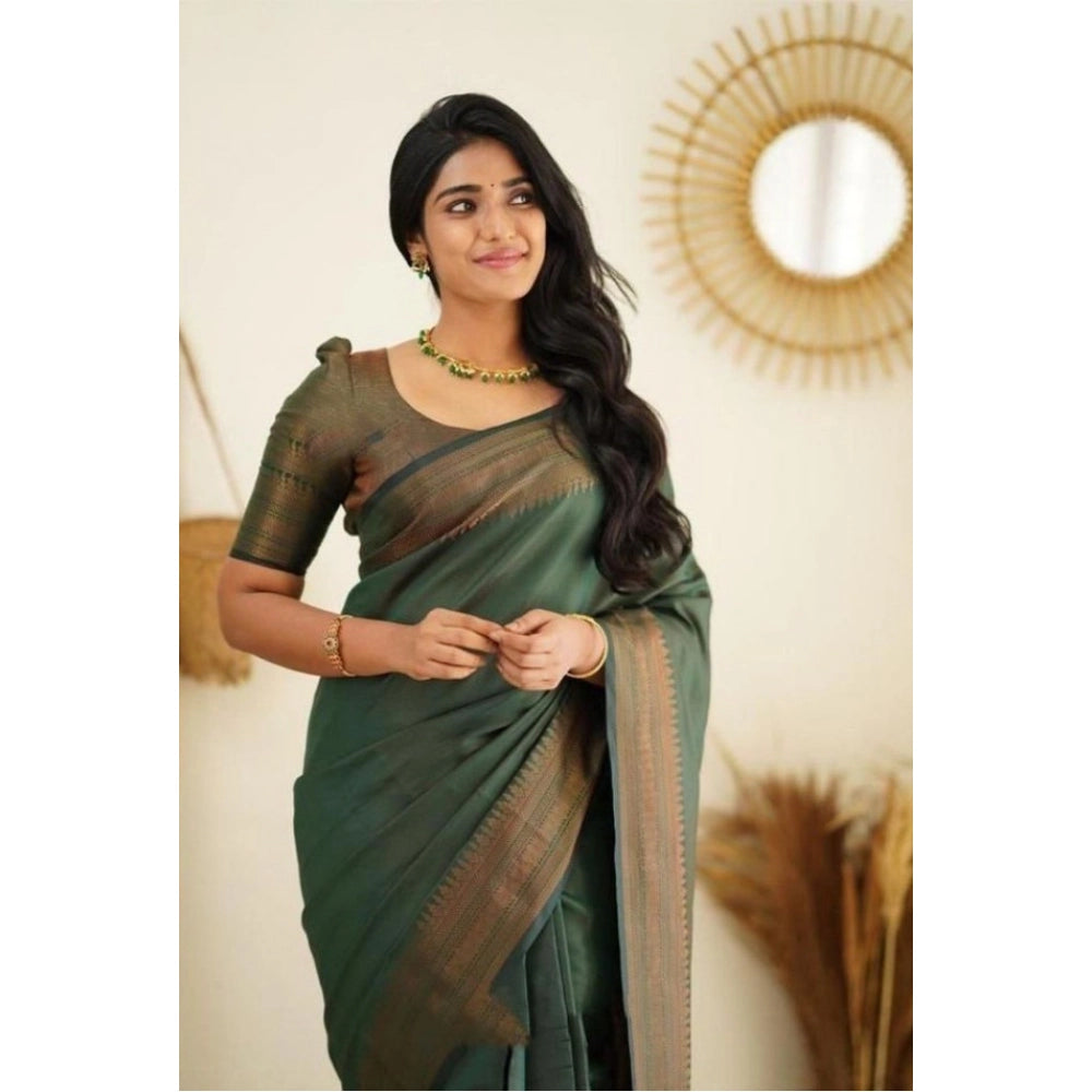 Women's Litchi silk Printed Saree With Unstitched Blouse (Green)