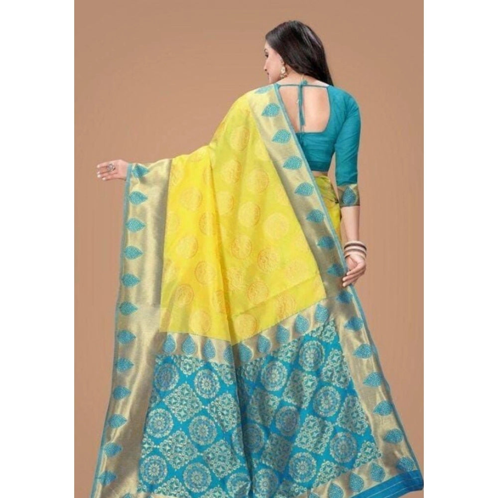 Women's Litchi silk Printed Saree With Unstitched Blouse (Yellow)