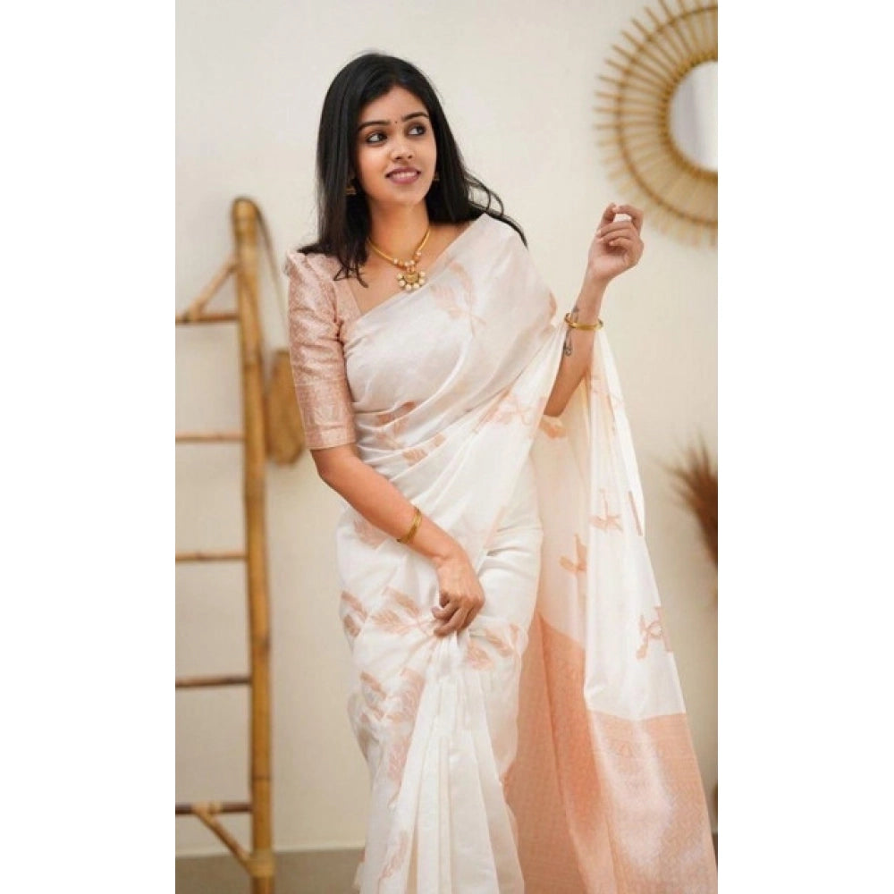 Women's Litchi silk Printed Saree With Unstitched Blouse (White)